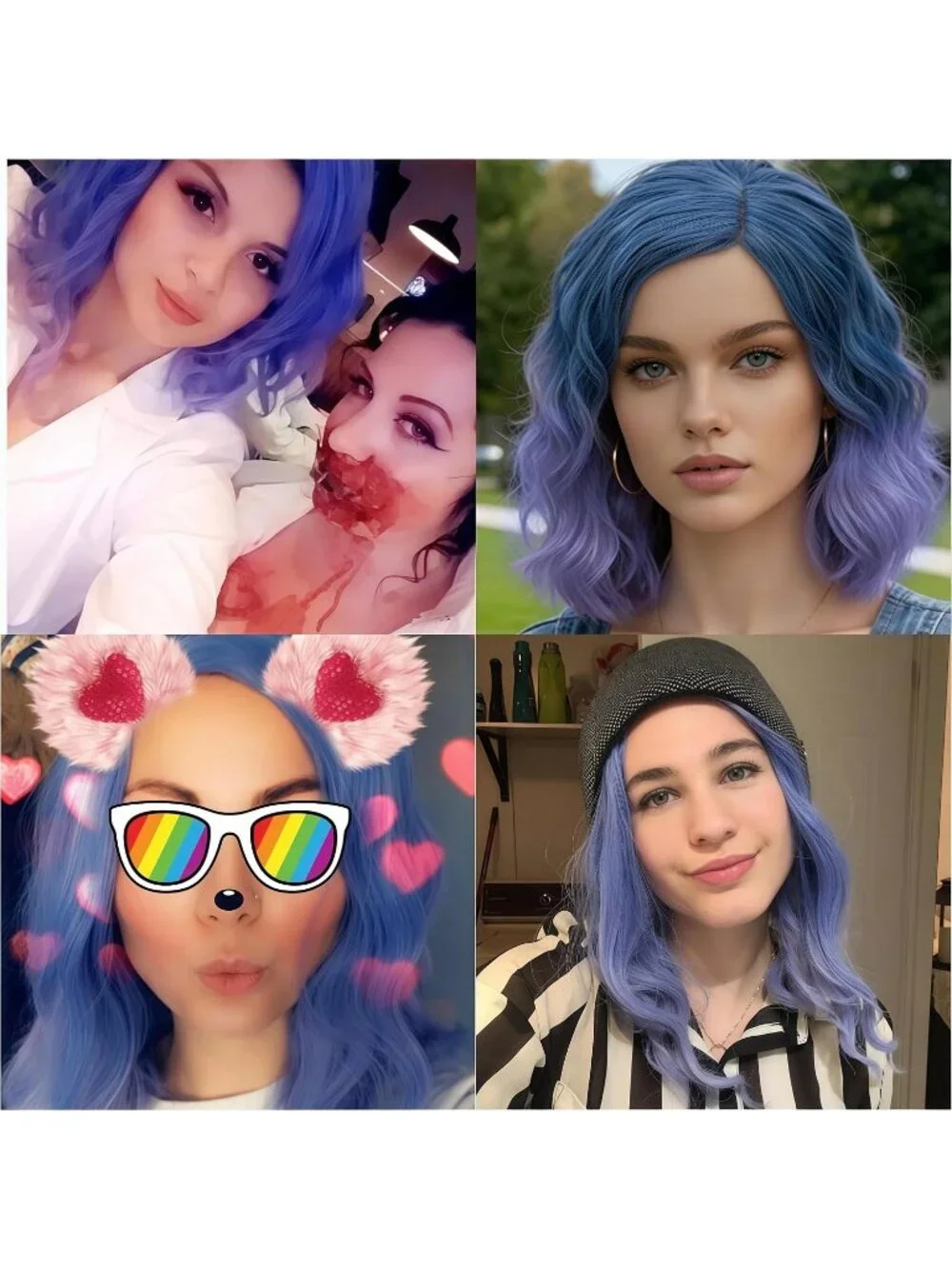 Womens Blue Periwinkle Wavy Curly Bob Wig Heat Resistant Cosplay Halloween Party